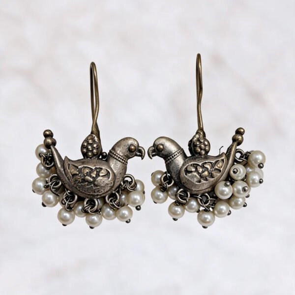 Silver Oxidized Brass Peacock Pearl Bead Drop Earrings For Women