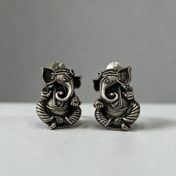 Silver-Tone Brass Ganesha Motif Stud Earrings For Women