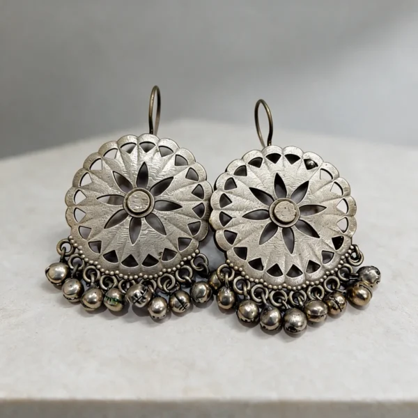 Silver Oxidised Brass Floral Cutwork Dangle Earrings For Women